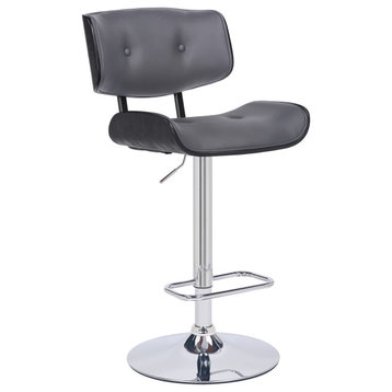 Brooklyn Adjustable Swivel Faux Leather and Wood Bar Stool With Metal Base, Gray, Black and Chrome