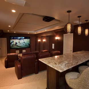 Inspiration for a large timeless open concept carpeted home theater remodel in Richmond with brown walls and a projector screen