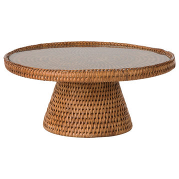 La Jolla Rattan Cake stand With Glass Top, Honey Brown