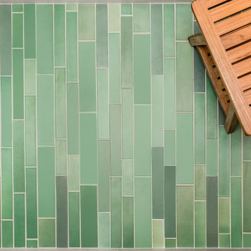 Green Mosaic Tile Shower Floor with Hidden Seam Drain