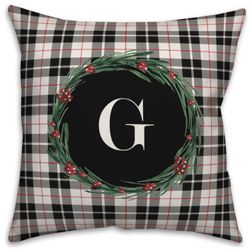 Black Plaid Monogram Wreath G 18x18 Spun Poly Pillow
