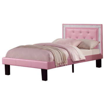 Faux Leather Upholstered Bed With Crystal-like Trim, Pink, Full