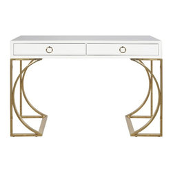 Worlds Away Vanessa White Two Drawer Desk, Brass Base - Desks And Hutches