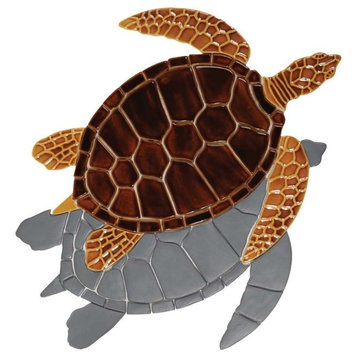 Sea Turtle Ceramic Swimming Pool Mosaic 26"x24" with shadow, Brown