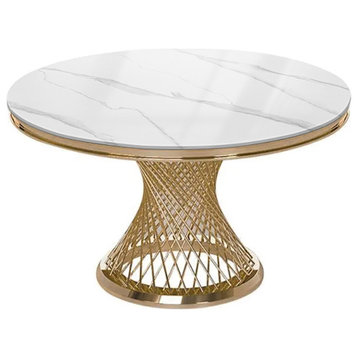 Modern Pedestal Dining Table Faux Marble Tabletop Golden Stainless Steel Frame
