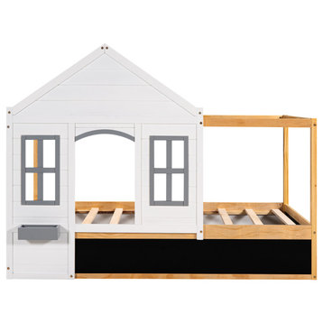 Gewnee Twin Size House Shaped Canopy Bed with Black Roof and Window in White