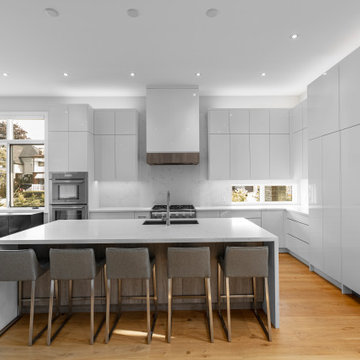 Contemporary Kitchen Design Two Tone White High Gloss & Grey Wood Print Melamine