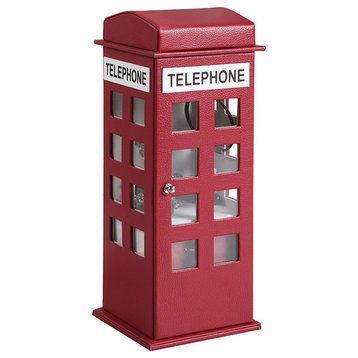 Benzara BM240353 Telephone Booth Jewelry Box With 2 Drawers, Burgundy Red