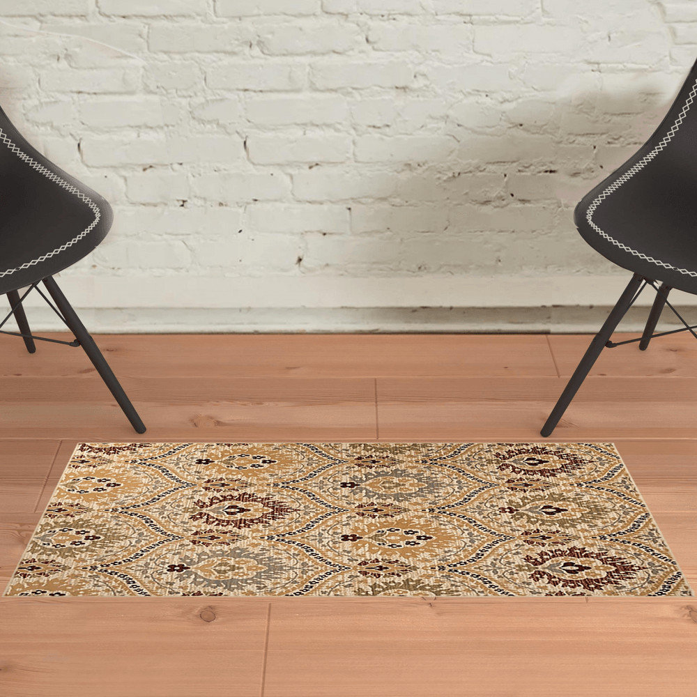 2' X 3' Camel Gray And Rust Floral Stain Resistant Area Rug ...