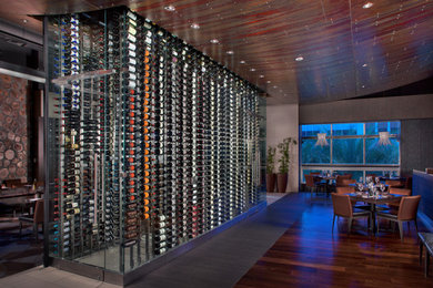 Example of a large minimalist carpeted and multicolored floor wine cellar design in Phoenix with storage racks