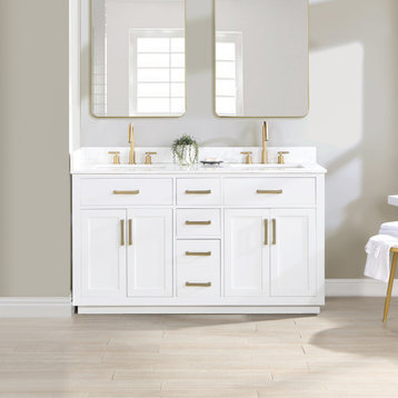 Gavino Vanity With Grain White Composite Stone Top, White/Brushed Gold, 60", No Mirror