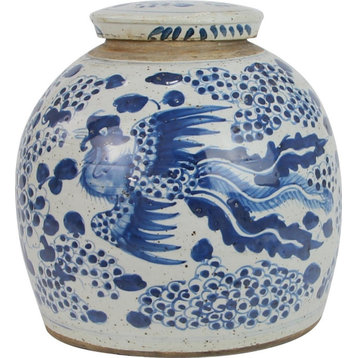 Jar Vase Vintage Ming Phoenix Small Blue White Ceramic