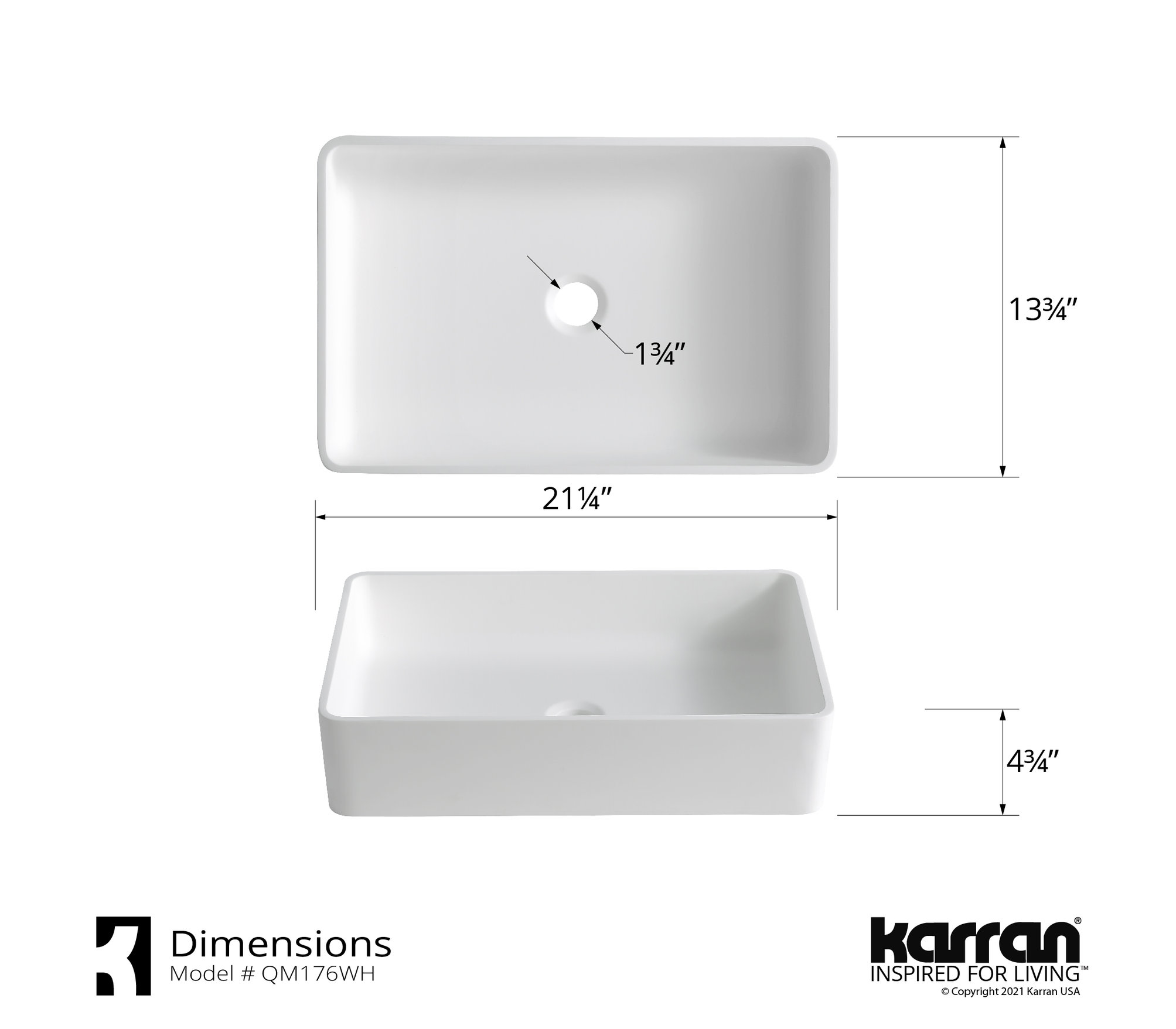 Karran White Acrylic 21" Rectangular Vessel Sink and Faucet Kit, Stainless Steel