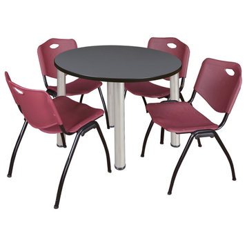 Kee 36" Round Breakroom Table- Grey/ Chrome & 4 'M' Stack Chairs- Burgundy
