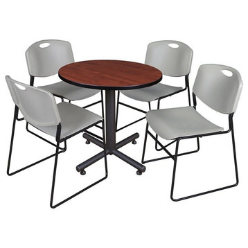 Kobe 30" Round Breakroom Table, Cherry and 4 Zeng Stack Chairs, Gray