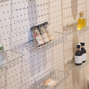 Mid-sized scandinavian kitchen pantry pictures - Kitchen pantry - mid-sized scandinavian light wood floor kitchen pantry idea in Sapporo with open cabinets, white cabinets and no island