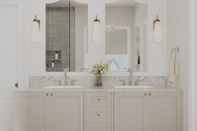 Example of a mid-sized transitional master green tile double-sink bathroom design in Dallas with shaker cabinets, beige cabinets, marble countertops and a built-in vanity