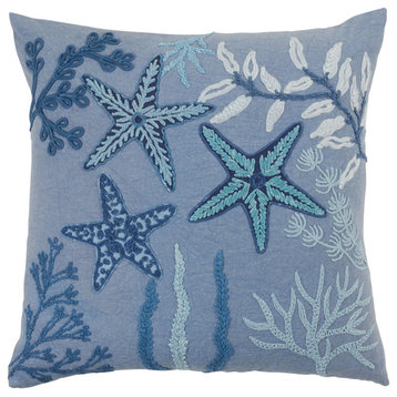 Stonewashed Throw Pillow With Starfish Design, Blue, 20"x20", Down Filled