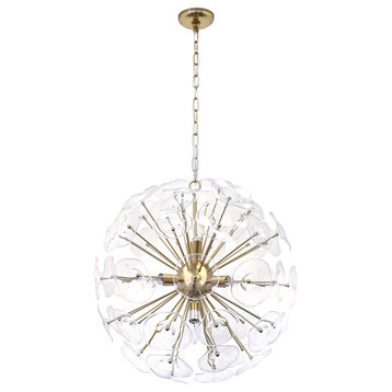 Portia Sputnik Satin Brass Orb Chandelier With Clear Glass Tiles, 24" Round