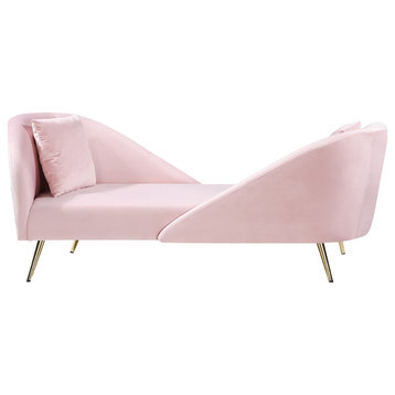 Nolan Velvet Upholstered, Double Back Chaise, Gold Metal Legs, Pink