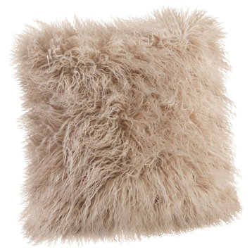 Mongolian Faux Fur Poly Filled Throw Pillow, Oatmeal, 18"x18"
