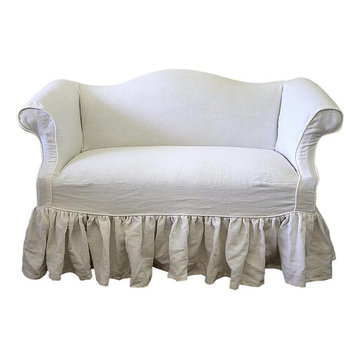 Custom Linen Slip Covered Vintage Petite Sofa in Toile