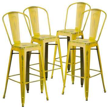 30" High Distressed Yellow Metal Indoor Barstools With Back, Set of 4