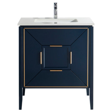 Vetro 30" Vanity With Quartz Counter Top, Gloss White, Navy Blue