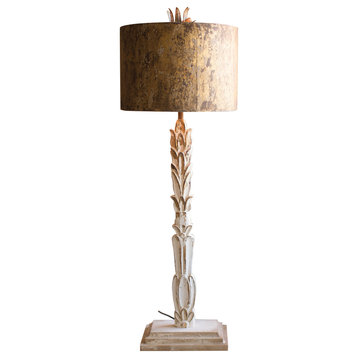 Table Lamp, Carved Wooden Base With Rustic Metal Shade