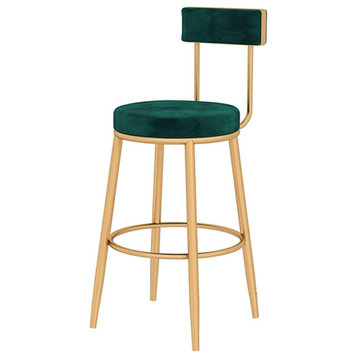Nordic-Style Minimalist Bar Stool With Backrest, Dark Green, H25.6", Gold Legs