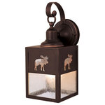 Vaxcel - Vaxcel - Yellowstone 1-Light Outdoor Wall Sconce in Rustic and Lantern Style - Collection: Yellowstone, Material: Steel, Finish Color: Burnished Bronze, Width: 9", Height: 15", Depth: 9", Lamping Type: Incandescent, Number Of Bulbs: 1, Wattage: 60 Watts, Dimmable: Yes, Moisture Rating: Wet Rated, Desc: Evoking the spirit of the wilderness, this rustic themed light is clad in a burnished bronze finish and features silhouetted tree and moose imagery atop glowing white tiffany style glass. It is a great choice for a vacation lodge, cabin or suburban home and will complement a variety of home styles: anywhere you want to bring an element of nature. This outdoor wall light is ideal for your porch, entryway, garage, or any other area of your home.   Assembly Required: Yes / Canopy Included: Yes / Chain Length: 48.00 / Bulb Shape: A19 / Dimmable: Yes / Shade Included: Yes. ,-Yellowstone 1-Light Outdoor Wall Sconce in Rustic and Lantern Style 12.75 Inches Tall and 5.25 Inches Wide-Moose, Tree, Lantern-OW24963BBZ