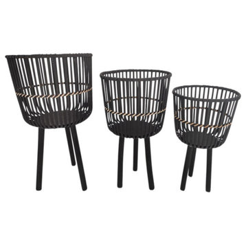 3-Piece Set Bamboo Footed Planters, Black