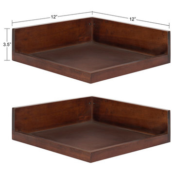Levie Floating Corner Wood Wall Shelf Set, Walnut Brown