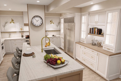 Large trendy u-shaped light wood floor and beige floor eat-in kitchen photo in DC Metro with a single-bowl sink, shaker cabinets, white cabinets, quartz countertops, white backsplash, subway tile backsplash, stainless steel appliances, an island and beige countertops