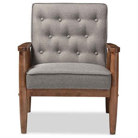 Sorrento Retro Upholstered Wooden Lounge Chair, Gray Fabric
