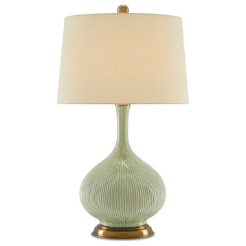 Cait 1 Light Table Lamps, Grass Green/Antique Brass with Tan Sand Linen Shade