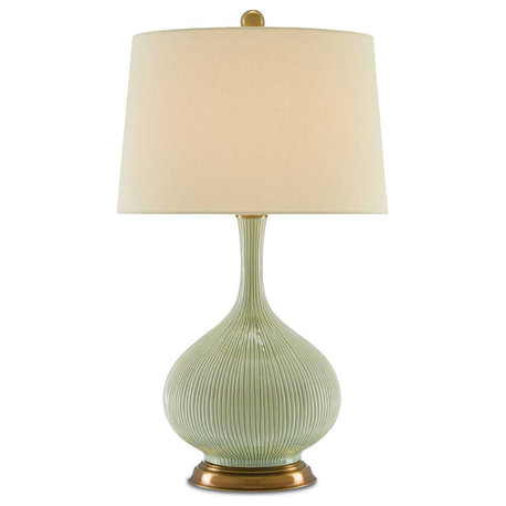 Cait 1 Light Table Lamps, Grass Green/Antique Brass with Tan Sand Linen Shade