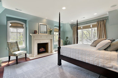 Photo of a mid-sized traditional guest bedroom in Louisville with green walls, dark hardwood floors, a standard fireplace, a stone fireplace surround and brown floor.
