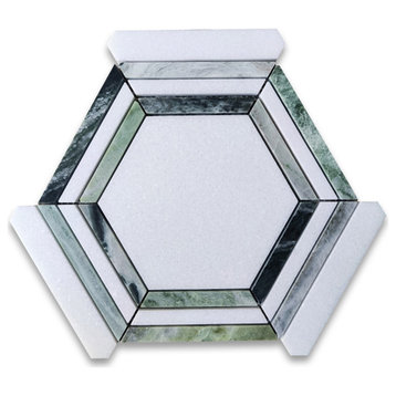Thassos White Marble Hexagon Georama Mosaic Tile Sagano Vibrant Green, 1 sheet