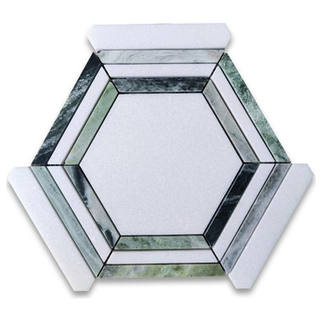 Thassos White Marble Hexagon Georama Mosaic Tile Sagano Vibrant Green, 1 sheet