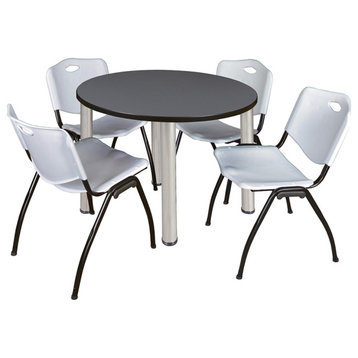 Kee 36 Round Breakroom Table- Grey/ Chrome & 4 'M' Stack Chairs- Grey