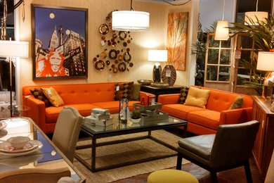 Retro formal open plan living room in Los Angeles with no tv.