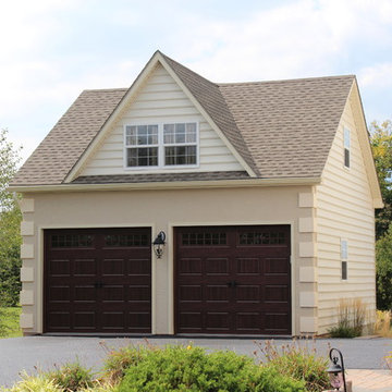 20'x24' Beaded Vinyl Two Story Garage - front view with stucco work and reverse