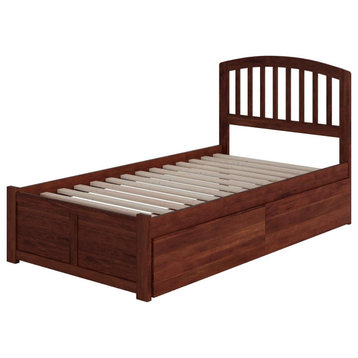Twin Platform Bed, Hardwood Frame With Curved Headboard & 2 Drawers, Walnut