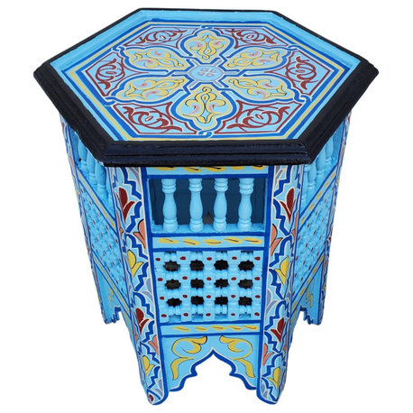 Moroccan Hexagonal Wooden Hand Painted Side Table, Musharabi Turquoise