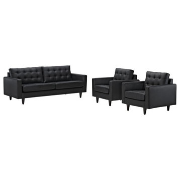 Modway Empress Modern Leather 3-Piece Sofa Set with Armchairs in Black