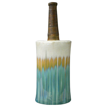Modern Oval Shape Flat Tall Neck Ceramic Turquoise Bamboo Decor Vase