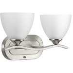Progress Lighting - Laird 2-Light Bath Sconce - The Laird collection provides a contemporary complement to casual interiors popular in today's homes. Glass shades add distinction and provide pleasing illumination to any room, while scrolling arms create an airy effect. Uses (2) 100-watt medium bulbs (not included).