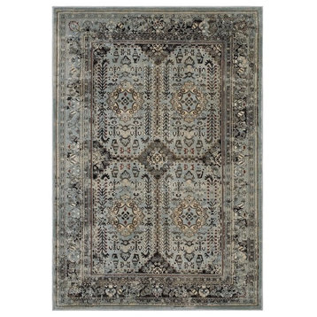 Enye Distressed Vintage Floral Lattice 8'x10' Area Rug, Brown and Silver Blue
