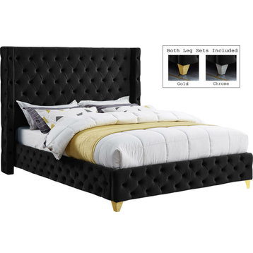 Savan Velvet Upholstered Bed, Black, Queen